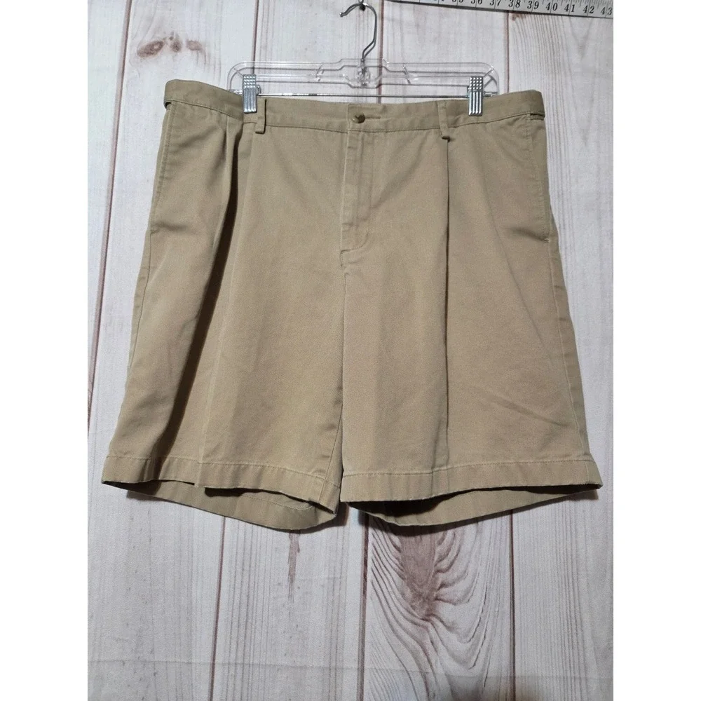 Lands End Mens 36 Tan Pleated Chino Shorts Traditional Fit Comfort‎ Waist